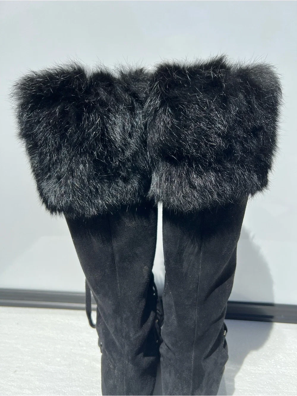 Stuart Weitzman Women's Black Suede Knee High Lace Up Fur Boots Platform 7.5